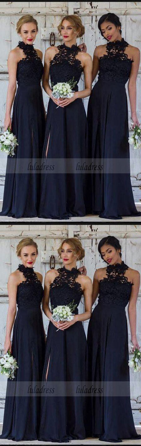 A-Line Navy Blue Chiffon Bridesmaid Dress with Lace,BD99359