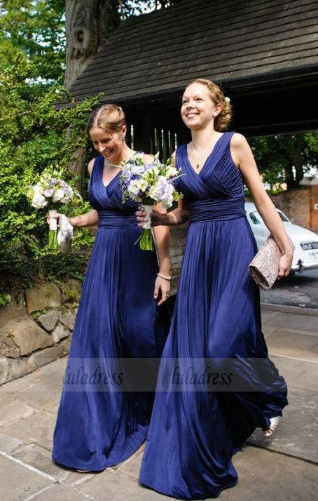 elegant dark blue bridesmaid dress with pleats, fashion v-neck wedding party dress with ruched