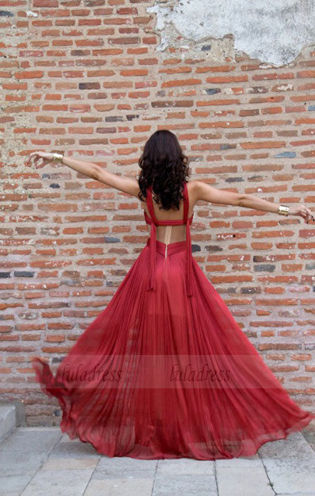 Fashion Spaghetti Burgundy Long Chiffon Prom Evening Dress