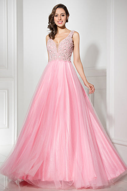 Pink Beaded A-line Tulle Open Back Long Prom Dress