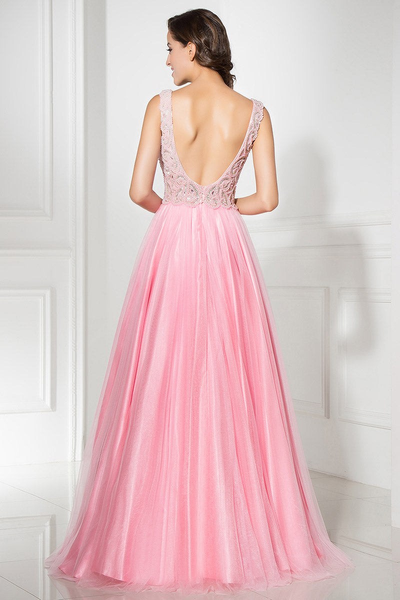 Pink Beaded A-line Tulle Open Back Long Prom Dress