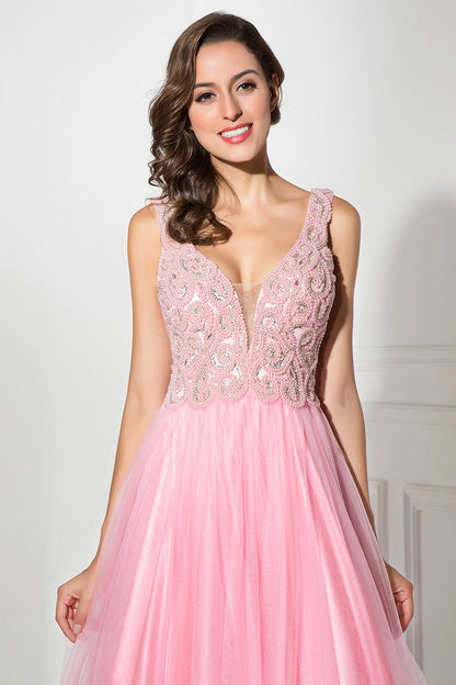 Pink Beaded A-line Tulle Open Back Long Prom Dress