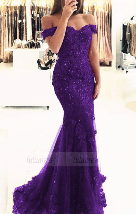 purple lace mermaid prom dresses beaded v neck evening gowns off the shoulder prom dress