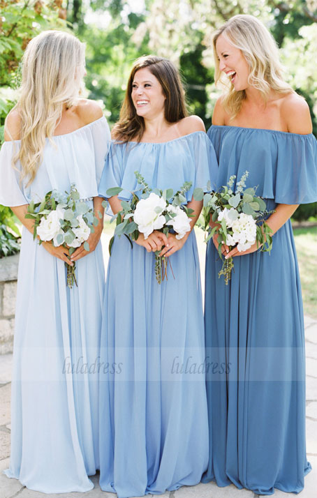 A-Line Off the Shoulder Bridesmaid Dresses, Long Light Blue Bridesmaid Dresses