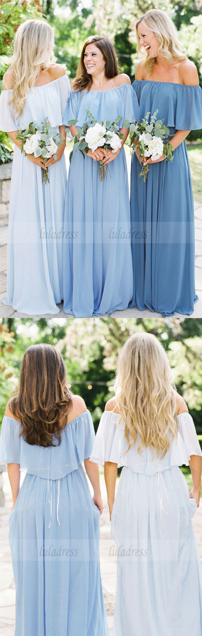 A-Line Off the Shoulder Bridesmaid Dresses, Long Light Blue Bridesmaid Dresses