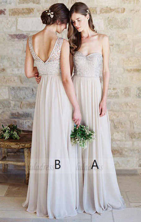 A-Line Sweetheart Light Grey Chiffon Bridesmaid Dress with Lace