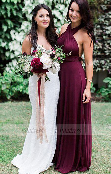 A-Line Halter Burgundy Chiffon Long Bridesmaid Dresses