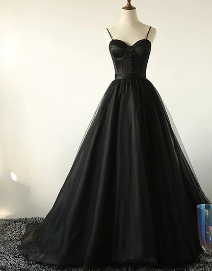 Black Long Sweetheart Tulle Prom Dresses,Evening Dresses