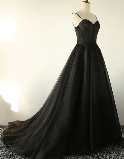 Black Long Sweetheart Tulle Prom Dresses,Evening Dresses