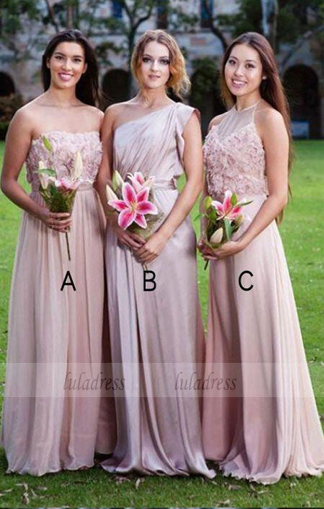 A-Line Sleeveless Pink Chiffon Bridesmaid Dress with Appliques