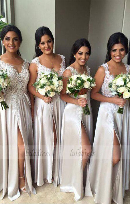 A-Line Scoop Satin Long Bridesmaid Dress with Appliques