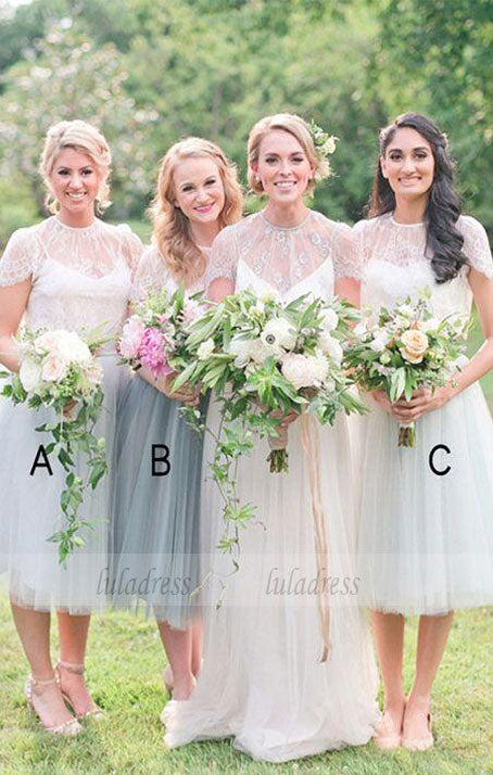 Multi Styles A-Line Jewel Cap Sleeves Tulle Long Bridesmaid Dress with Lace