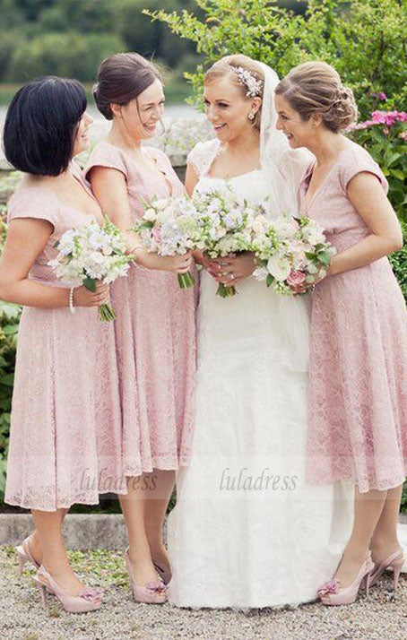 A-Line Deep V-Neck Cap Sleeves Lace Long Bridesmaid Dresses