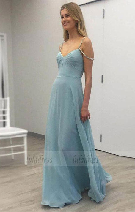 Simple Chiffon Spaghetti Straps Neckline Floor-length A-line Prom Dresses With Rhinestones