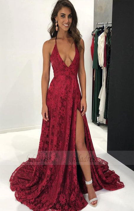 elegant halter deep v neck burgundy lace long evening dress with slit, formal evening dress