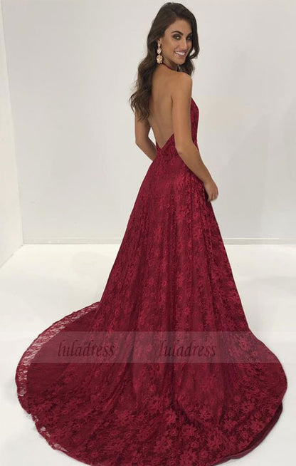 elegant halter deep v neck burgundy lace long evening dress with slit, formal evening dress,BD98738