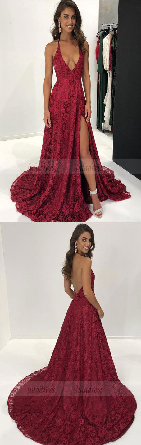 elegant halter deep v neck burgundy lace long evening dress with slit, formal evening dress,BD98738