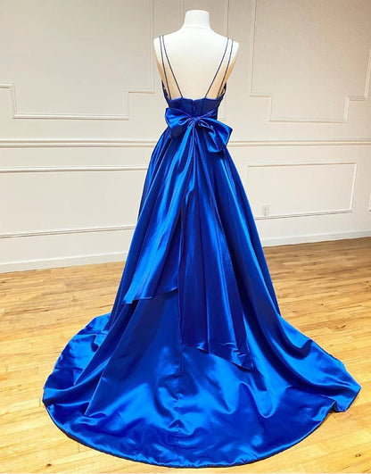 Royal Blue Satin Prom Dresses with Bowknot,Evening Dresses