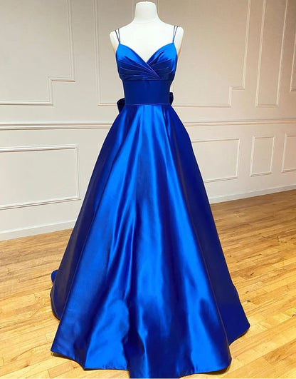 Royal Blue Satin Prom Dresses with Bowknot,Evening Dresses