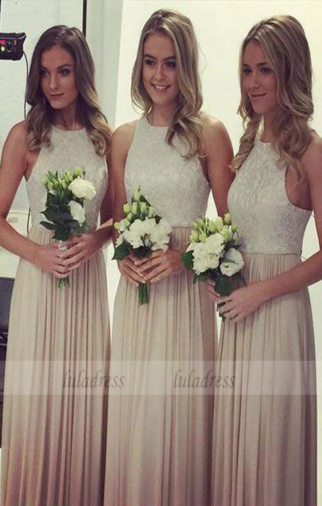 Beautiful A-Line Jewel Chiffon Long Bridesmaid Dress with Lace