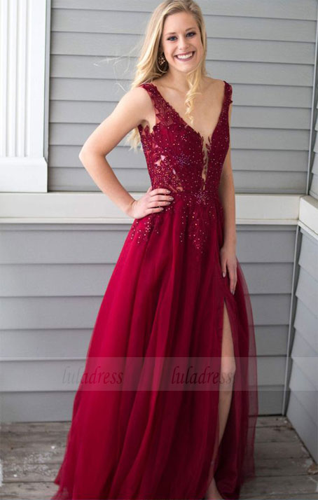 V-Neck Floor-Length Prom Dress with Appliques Beading