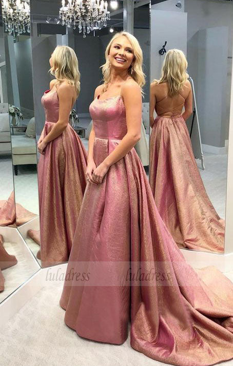 A-Line Spaghetti Straps Backless Sweep Train Rose Pink Prom Dress with Pleats