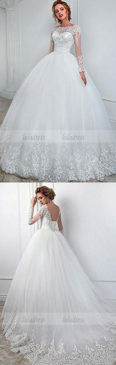 Sheer Neck Ivory Wedding Dress with Long Sleeves,BD99524 – luladress