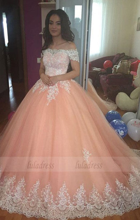 Elegant Lace Off The Shoulder Tulle Ball Gowns Quinceanera Dresses 2018 Coral Wedding Dress,BD98185