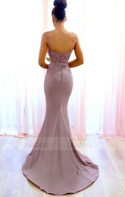 Mermaid Spaghetti Straps Sweep Train Bridesmaid Dress with Lace, long bridesmaid dresses,BD98107