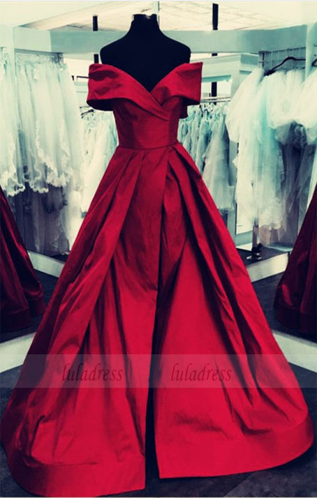 burgundy Satin V-neck Off The Shoulder Ball Gowns Prom Dresses With Leg Split