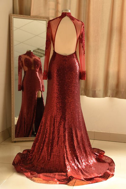 Sexy High-Neck Burgundy Sequined Slit Prom Dress | Long Sleeves Appliques Backless Formal Dress