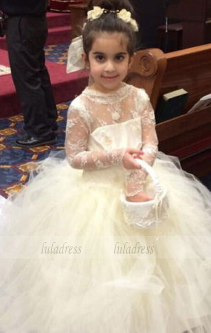 Floor Length Flower Girl Dresses Children Birthday Dress Sheer Long Sleeve Lace Kids Wedding Party Dresses ,BD99400