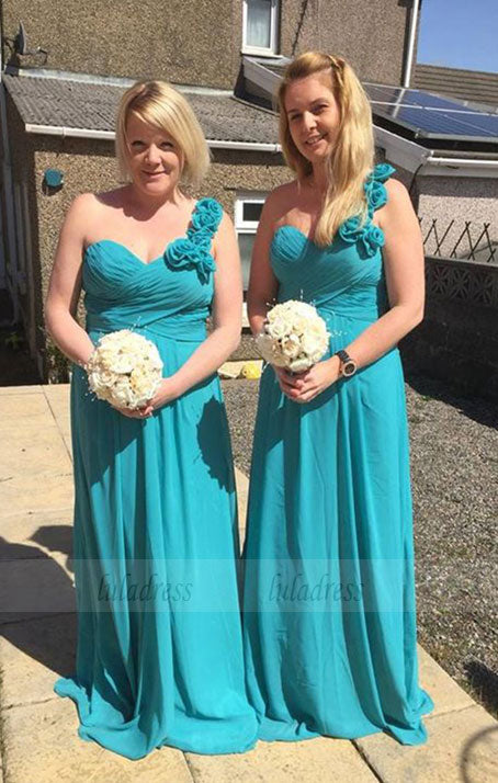 One Shoulder Chiffon Formal Dresses Floral Ruched Simple Bridesmaid Dresses,BD99872