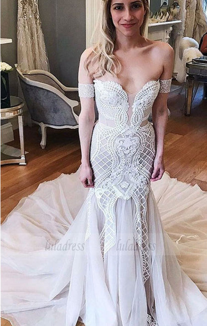 Mermaid Wedding Dresses,Off-the-Shoulder Wedding Dress,Chapel Train Wedding Dress