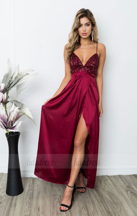 Sequined Prom Dress,Prom Dress with Slit,Backless Prom Dress