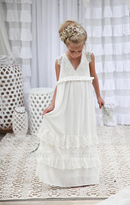 V-neck Long Lace Chiffon Flower Girl Dresses