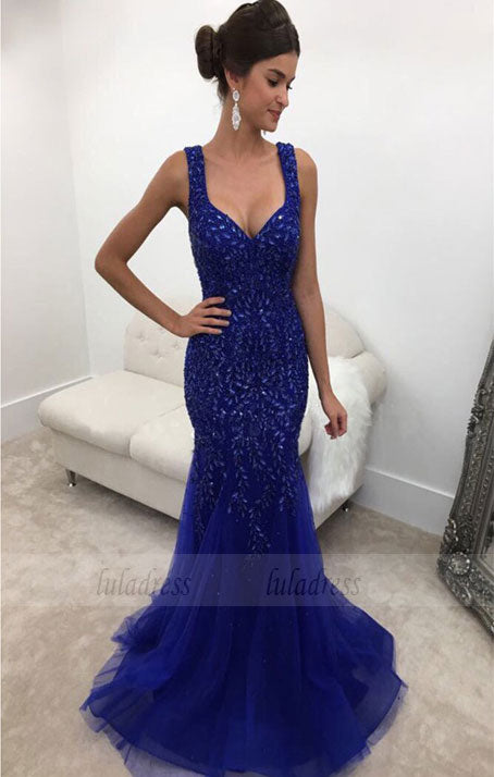 Backless Long Crystal Beaded Mermaid Prom Dresses