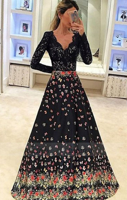 A-Line V-Neck Long Sleeves Floral Black Satin Prom Dress with Lace