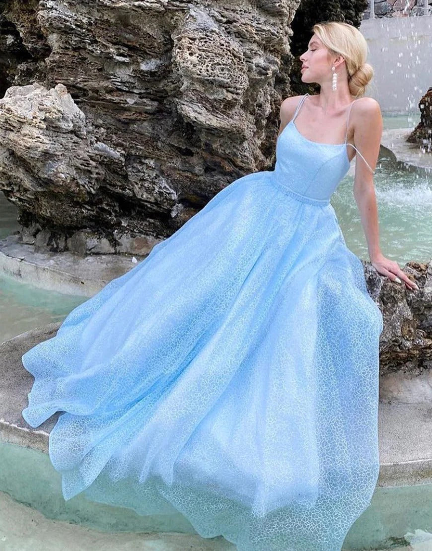 Light Blue Organza A Line Long Prom Dresses