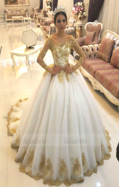 Gold Lace Appliques White Tulle Long Sleeves Bridal Ball Gown Wedding Dresses