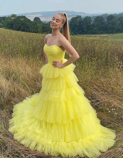 Yellow Long Sweetheart Tulle Princess Prom Dresses