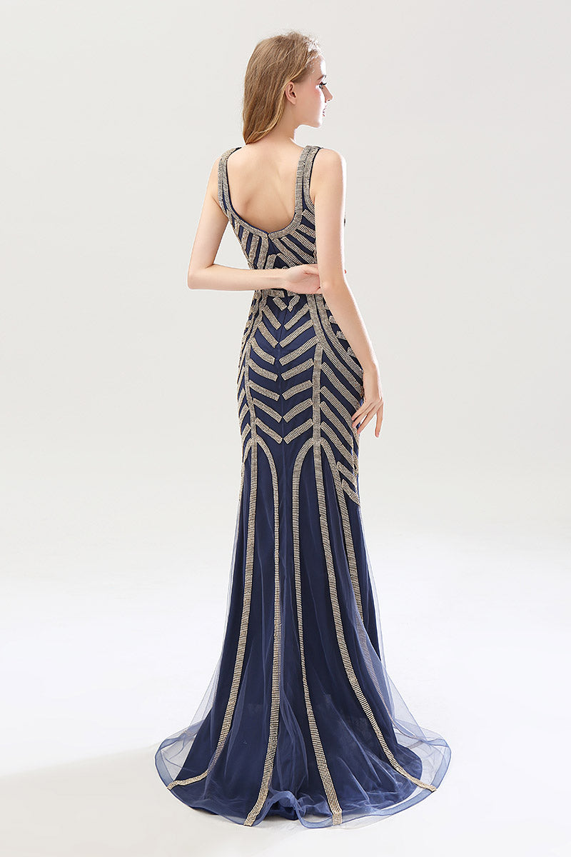 Formal Beaded V-neck Mermaid Long Evening Dress