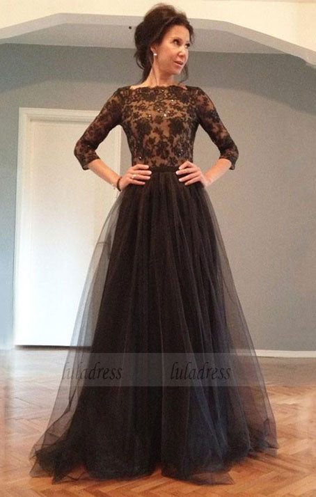 A-line/Princess 3/4 Sleeves Beading Long Lace Tulle Prom Dresses