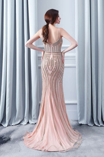 Rose Pink Beaded Formal Long Evening Dress Spaghetti Straps Prom Dress