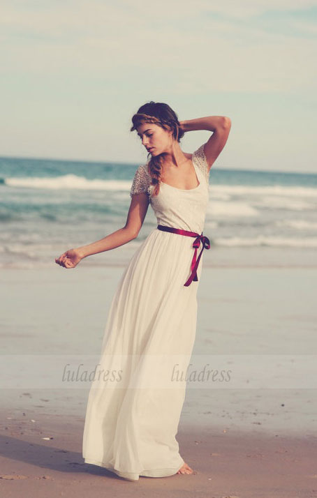 Beach Wedding Dresses,Boho Wedding Dress,Long Bridal Dress,Short Sleeves Bridal Dress