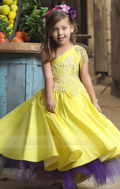 One Shoulder Flower Girl Dresses Tassel Appliques Kids Prom Dress