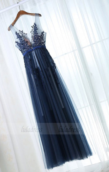 A-Line Scoop Floor-Length Navy Blue Tulle Prom Dress with Sash Appliques