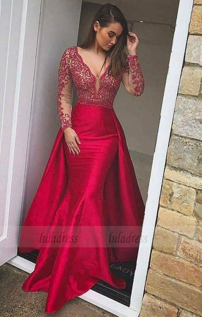 Sexy Deep V Neck Long Sleeves Mermaid Evening Dress