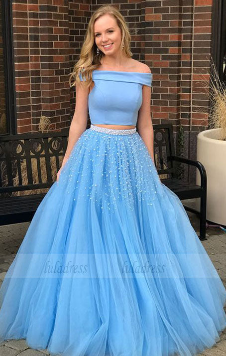 Two Piece Prom Dress Tulle Off The Shoulder Formal Gown With Beading