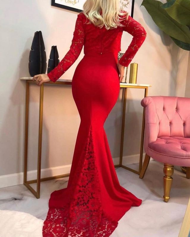 Elegant Mermaid Long Sleeves Red Prom Dress with Lace Online